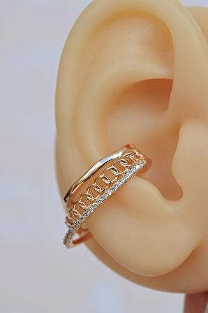 Zincir ve Zirkon Taş Detaylı Çoklu Earcuff Sıkıştırmalı Kıkırdak Küpesi