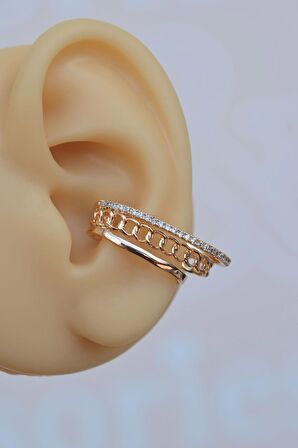 Zincir ve Zirkon Taş Detaylı Çoklu Earcuff Sıkıştırmalı Kıkırdak Küpesi