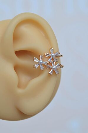 İncili ve Çiçekli Earcuff Sıkıştırmalı Kıkırdak Küpesi