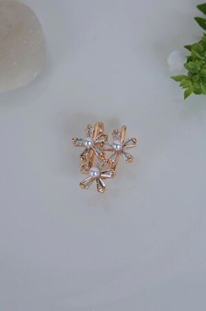 İncili ve Çiçekli Earcuff Sıkıştırmalı Kıkırdak Küpesi