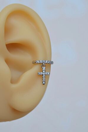 Zirkon Taşlı Cross Sallantılı Earcuff Sıkıştırmalı Kıkırdak Küpesi