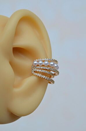 Zirkon Taş Detaylı İncili Zirkon Çoklu Earcuff Sıkıştırmalı Kıkırdak Küpesi