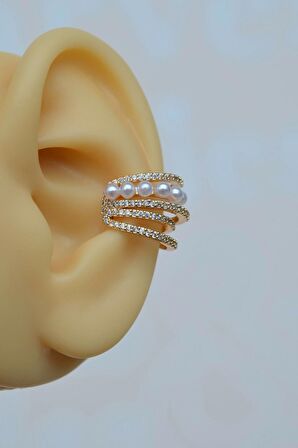 Zirkon Taş Detaylı İncili Zirkon Çoklu Earcuff Sıkıştırmalı Kıkırdak Küpesi