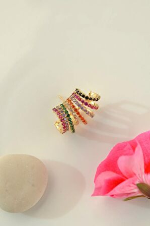 Multicolor Çoklu Earcuff Çok Renkli Kıkırdak Küpesi Gold