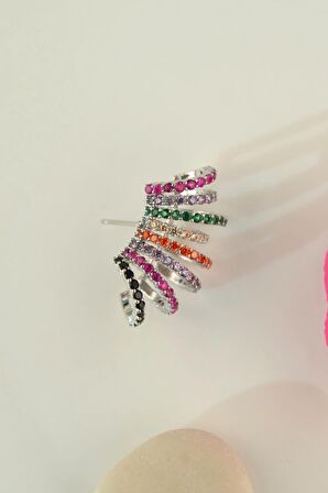 Multicolor Çoklu Earcuff Çok Renkli Kıkırdak Küpesi Gümüş Rengi