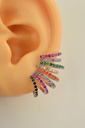 Multicolor Çoklu Earcuff Çok Renkli Kıkırdak Küpesi Gümüş Rengi