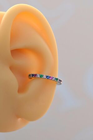 Multicolor Çok Renkli İnce Taşlı Earcuff Sıkıştırmalı Kıkırdak Küpesi Gümüş Renk