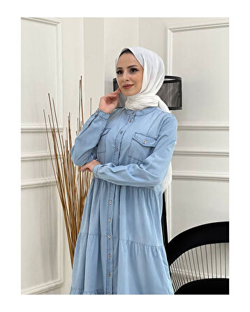 Dantelli Doğal Kumaşlı Boydan Düğmeli Kot Elbise Mavi-188