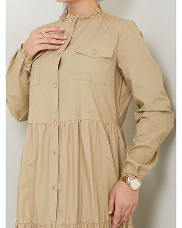 Dantelli Doğal Kumaşlı Boydan Düğmeli Kot Elbise Haki