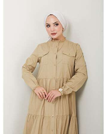 Dantelli Doğal Kumaşlı Boydan Düğmeli Kot Elbise Haki