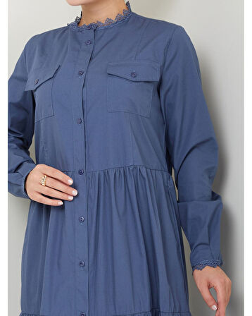 Dantelli Doğal Kumaşlı Boydan Düğmeli Kot Elbise İndigo
