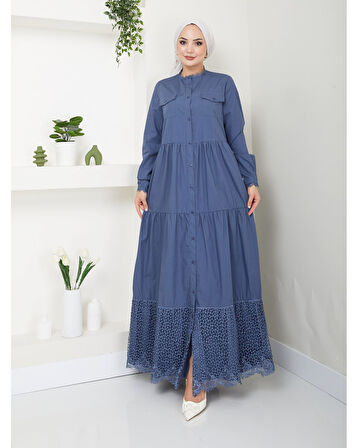 Dantelli Doğal Kumaşlı Boydan Düğmeli Kot Elbise İndigo