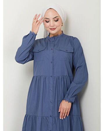 Dantelli Doğal Kumaşlı Boydan Düğmeli Kot Elbise İndigo