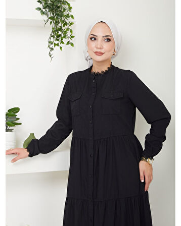 Dantelli Doğal Kumaşlı Boydan Düğmeli Kot Elbise Siyah