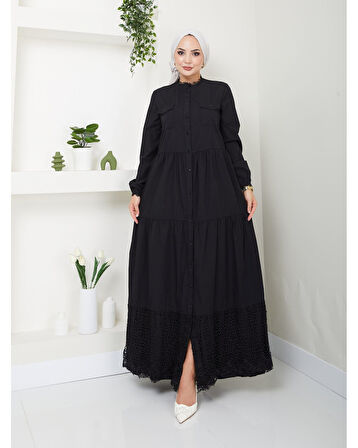 Dantelli Doğal Kumaşlı Boydan Düğmeli Kot Elbise Siyah