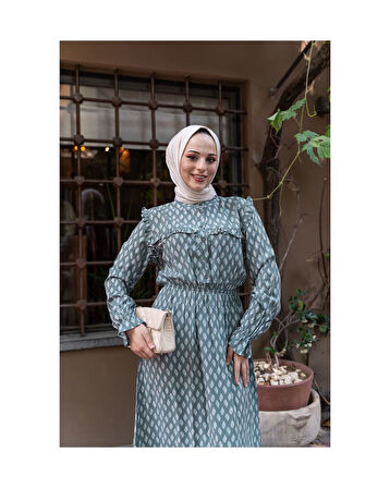 Doğal Kumaşlı - Yeşil Desenli Elbise Yeşil-125
