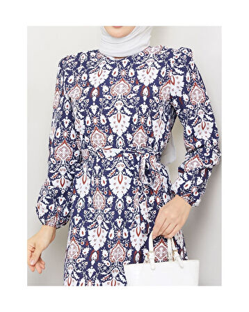 Terikoton Büzgülü Desenli Elbise Lacivert-1317