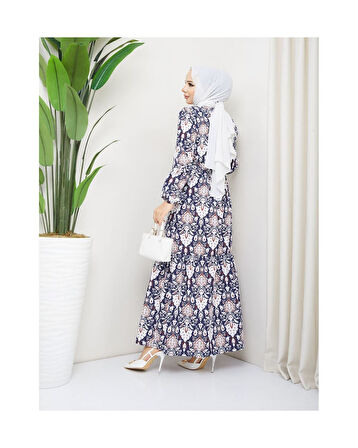 Terikoton Büzgülü Desenli Elbise Lacivert-1317