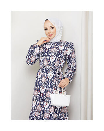 Terikoton Büzgülü Desenli Elbise Lacivert-1317