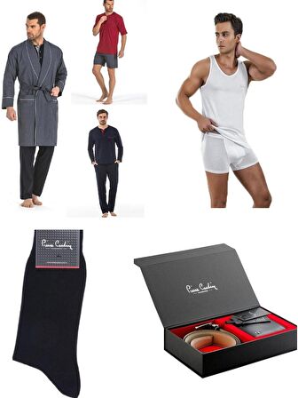 Pierre Cardin 4LÜ Çeyiz Paketi Robdöşambr Atlet Boxer Takım Çorap ve Kemer Cüzdan Set