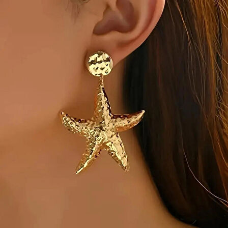 Büyük Deniz Yıldızı Tasarımlı Sallantı Küpe Altın Kaplama