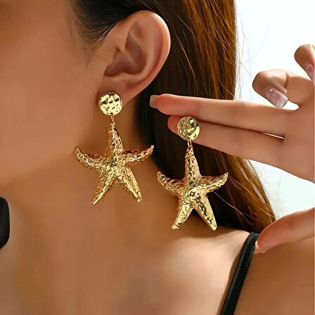 Büyük Deniz Yıldızı Tasarımlı Sallantı Küpe Altın Kaplama