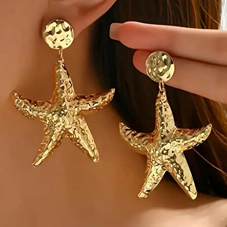 Büyük Deniz Yıldızı Tasarımlı Sallantı Küpe Altın Kaplama