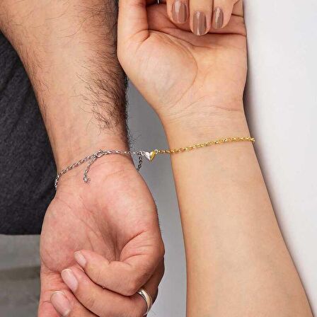 Ebuz Gümüş Rodyum Gold Çift Kalpli Aşk Bileklik