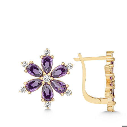 Ebuz Gümüş Gold Mor Lotus Çiçeği Kadın Küpe