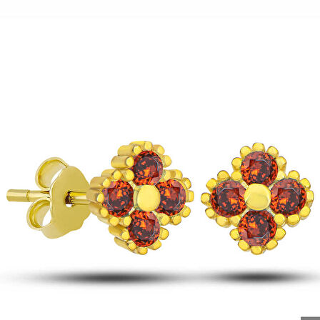 Ebuz Gümüş Gold Yonca Çivili Kırmızı Taşlı Çocuk Küpe