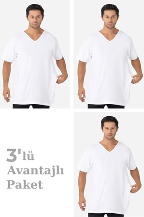 Premium Moda Giyim Basic 3'lü Paket Beyaz Erkek V Yaka Kısa Kollu Büyük Beden