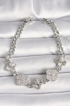 Pirinç Gümüş Renk Zincir Yonca Model Kadın Bileklik