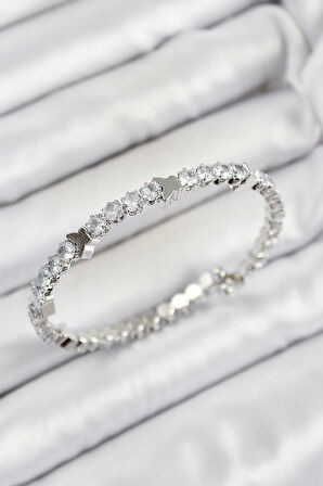 Pirinç Zirkon Taşlı Kalp Model Gümüş Renk Yaylı Kadın Bileklik