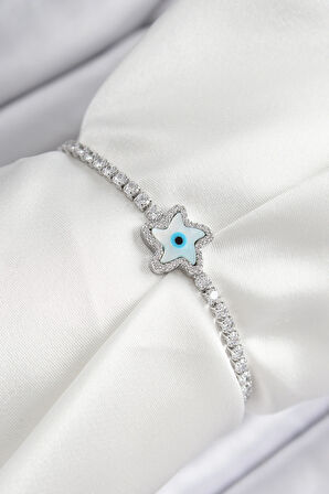 Pirinç Zirkon Taşlı Nazar Yıldız Model Gümüş Renk Asansörlü Kadın Bileklik