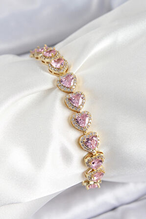 Pirinç Zirkon Taşlı Pembe Kalp Baget Model Gold Renk VIP Seri Kadın Bileklik