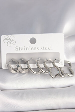 316L Çelik Gümüş Renk Yarım Halka Yıldız Model Kadın Küpe Seti