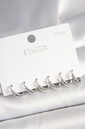 925 Ayar Gümüş Çivi Pirinç Gümüş Renk Kalp İşlemeli Halka Model Kadın Küpe Seti