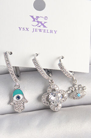 Pirinç Gümüş Renk Zirkon Taşlı Fatma Ana Yonca Figür Göz Detay 3'Lü Kadın Kombin Küpe