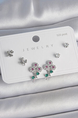 Pirinç Gümüş Renk Renkli Zirkon Taşlı Çiçek Model Yaprak Detay 925 Ayar Gümüş Çivi Kadın Küpe Seti