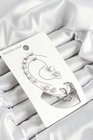 316L Çelik Kalp Figürlü Ve Zirkon Taşlı Gümüş Renk 7'li Çift Kadın Küpe Set