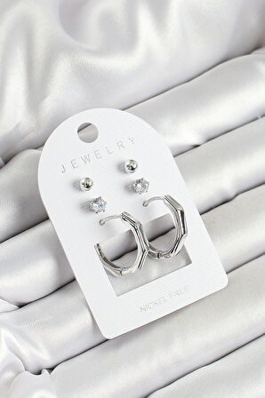 Pirinç Zirkon Taş Ve Kemik Halka Figürlü Gümüş Renk 3'lü Çift Kadın Küpe Set