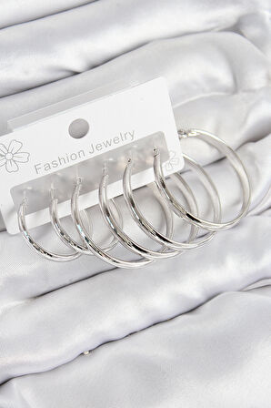 Pirinç Halka Model Gümüş Renk Kadın Set Küpe