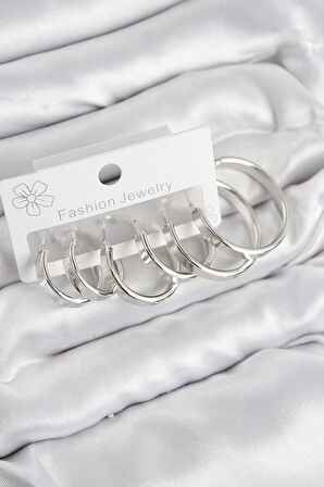 Pirinç Halka Model Gümüş Renk Kadın Set Küpe