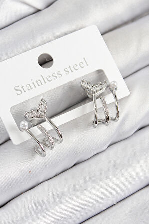 Pirinç Zirkon Taşlı İnci Detaylı Balık Kuyruğu Model Gümüş Renk Kadın Küpe