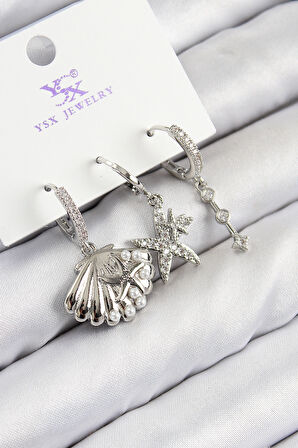 Pirinç Zirkon Taşlı 3'lü Yıldız Ve İstiridye Model Gümüş Renk Kadın Küpe