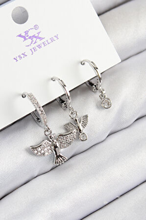 Pirinç Zirkon Taşlı 3'lü Kuş Model Gümüş Renk Kadın Küpe