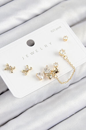 Pirinç Zirkon Taşlı Fiyonk Model Gold Renk 925 Ayar Gümüş Çivi Kadın Küpe Set