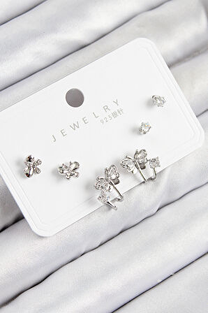 Pirinç Zirkon Taşlı Kelebek Model Gümüş Renk 925 Ayar Gümüş Çivi Kadın Küpe Set