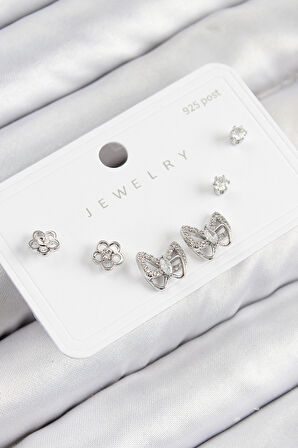 Pirinç Zirkon Taşlı Kelebek Model Gümüş Renk 925 Ayar Gümüş Çivi Kadın Küpe Set