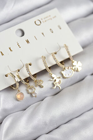 Pirinç Zirkon Taşlı Hello Kity Ve Yonca Model Gold Renk 6'lı Küpe Set